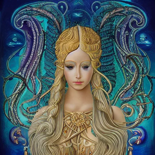 Image similar to intricate details, hyper detailed, mystic alchemical occult art, sumerian goddess inanna ishtar, ashteroth, techno mystic goddess princess intergalactica, with aqua neon rapunzel dreadlocks, detailed, wearing seashell attire, crystal pathway to atlantis floating on the sea, by sandro botticelli