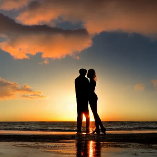 Image similar to Slim silhoutte of a couple on the beach, sunrise, ray tracing, uplifting mood, happiness, majestic, 16k