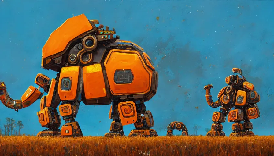 Image similar to an intricate oil painting of a giant south african armored elephant shaped scrap metal mecha by simon stalenhag, yellow, orange and cyan paint decals