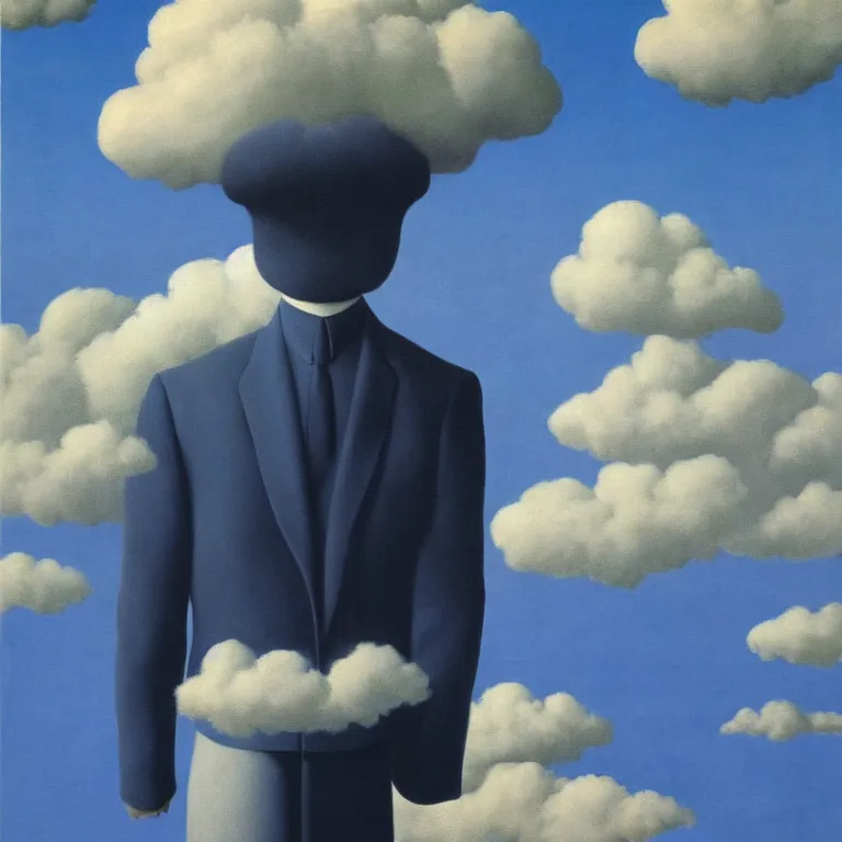 Image similar to cloud - man, by rene magritte, centered, detailed painting, hd, hq, high resolution, high detail, 4 k, 8 k