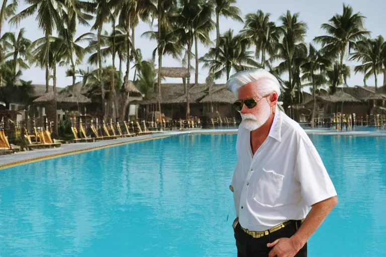 Prompt: an old man with white hair and a white beard, wearing thin gold wire frame sunglasses, wearing a white patterned button down shirt open three buttons to show his chest, wearing a thin gold chain necklace with a gold pendant, in an empty pool, in a resort with people walking around in the background, aged polaroid vacation photo style