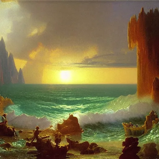 Image similar to charm'd magic casements opening on the foam of perilous seas, in Faerie lands forlorn, by Albert Bierstadt and James Gurney, 4k, aesthetic