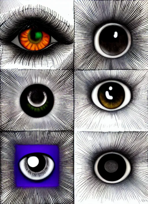 Image similar to grid montage of cube shaped eyes, square shaped black dilated pupils, cube shaped irises, detailed colored textures, eyelashes, advanced art, art styles mix, from wikipedia, wet reflections in square eyes, sunshine light, hd macro photograph, from side, various eyelid positions, square black pupil centered