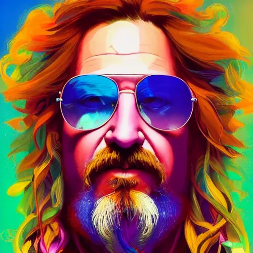 Prompt: a colorful vibrant closeup portrait of the dude from the big lebowski dreamy vibes floating head and dreaming psychedelic hair. trending on artstation. by peter mohrbacher. intricate detail. hyperrealistic 8 k. flat design