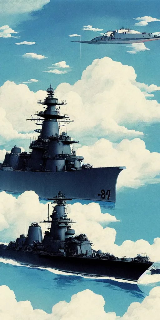 Image similar to japanese battleship fuso flying between clouds, by studio ghibli, dynamic composition, dramatic lighting, hyperrealistic, ultra detailed, nitro colors
