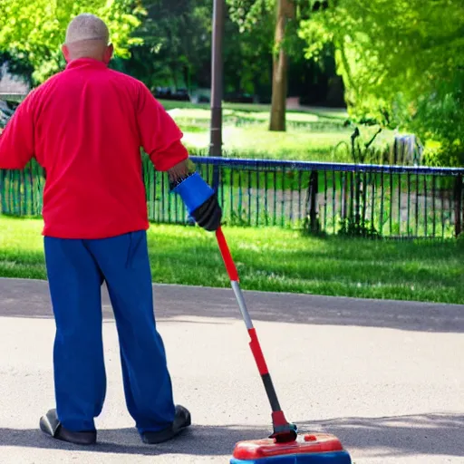 Image similar to janitor at the park, wearing boxing gloves
