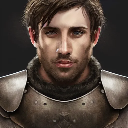 Prompt: realistic portrait, 30 year old man :: athletic, brown hair, metal armour, majestic, authority, sword :: high detail, digital art, RPG, concept art, illustration