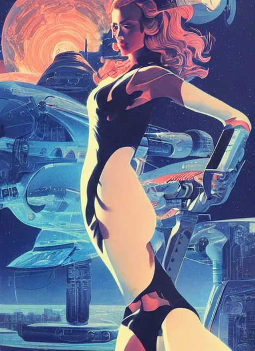 Image similar to scarlett johannson, science fiction poster, high details, intricate details, by vincent di fate, artgerm julie bell beeple, 1 9 6 0 s, inking, vintage 6 0 s print, screen print