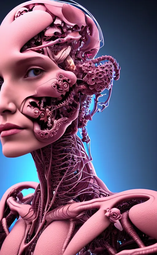 Image similar to 3D render of a beautiful profile face portrait of a female dragon-cyborg, 150 mm, flowers, Mandelbrot fractal, anatomical, flesh, facial muscles, wires, microchip, veins, arteries, full frame, microscopic, elegant, highly detailed, flesh ornate, elegant, high fashion, rim light, octane render in the style of H.R. Giger and David LaChapelle