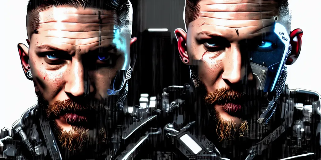 Image similar to Tom Hardy as in cyborg Cyberpunk 2077 , highly detailed digital art , trending on artstation, high quality, highly detailed