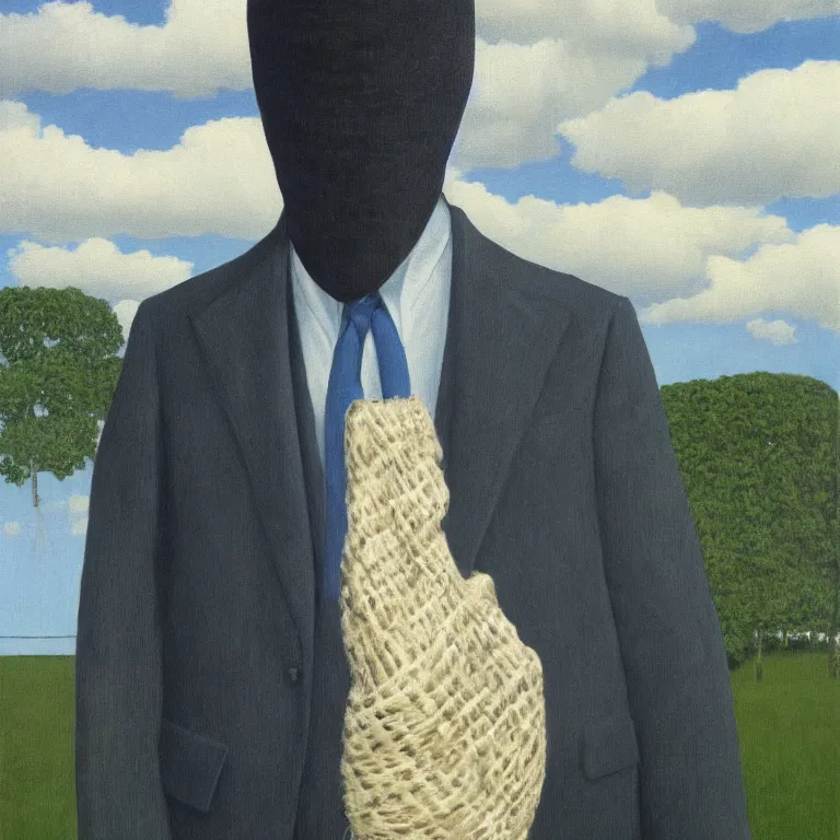 Image similar to portrait of a faceless burlap sack - head man in a suit, clouds in the background, by rene magritte, detailed painting, distance, centered, hd, hq, high resolution, high detail, 4 k, 8 k