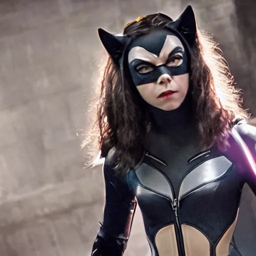 Image similar to a older anya taylor - joy as cat woman unzipping her jumpsuit, 8 k resolution hyperdetailed photo realistic, extremely high quality and life like