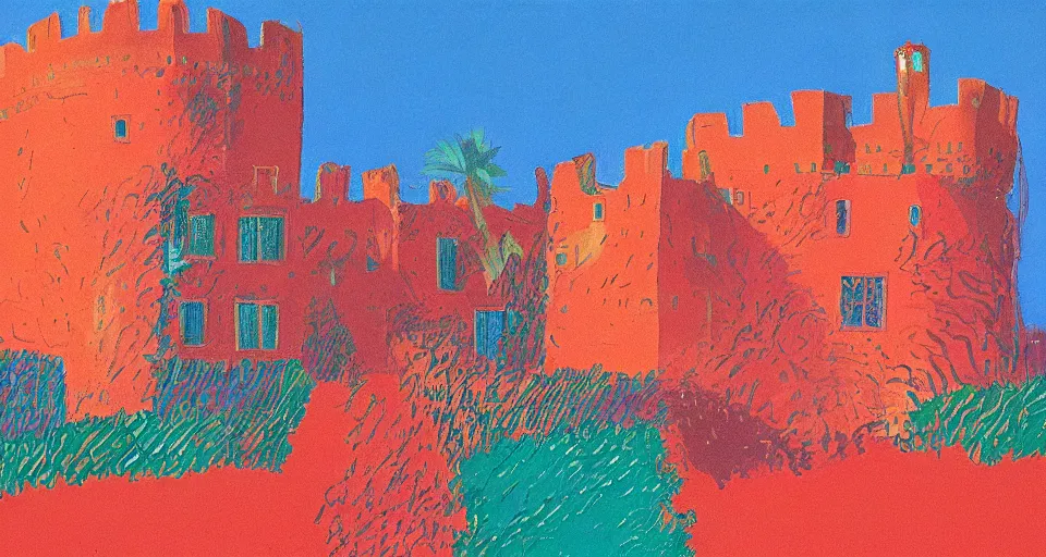 Image similar to color sketch of denia castle, highly detailed, dramatic lighting, intense shadows, rich deep colours, by david hockney