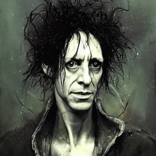 Image similar to stunning portrait of gaunt neil gaiman a ( the cure fan ) as dream from sandman, dim stars as eyes, by jeremy mann, by cedric peyravernay, by by russ mills, by richard avedon and ben templesmith, dramatic lightning, sadness, dark eye sockets, in the shadows, punk rock, gothic, high detailed, 8 k