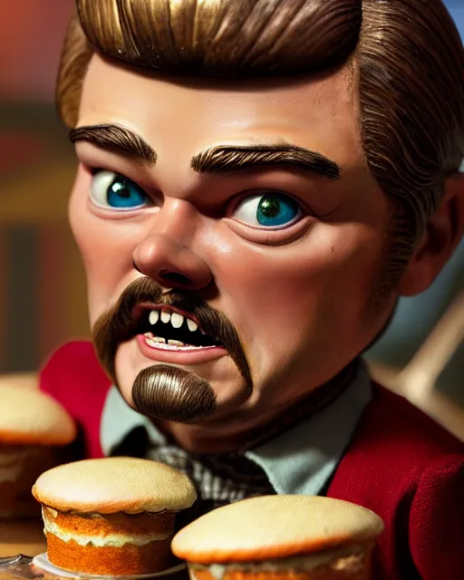 Image similar to highly detailed closeup, face profile portrait of a tin toy leonardo dicaprio as a medieval goblin eating cakes in a castle, hyper realistic, artstation, illustration, nicoletta ceccoli, mark ryden, lostfish, dan decarlo, bob clampett, max fleischer, digital paint, matte paint, vivid colors, detailed and intricate environment