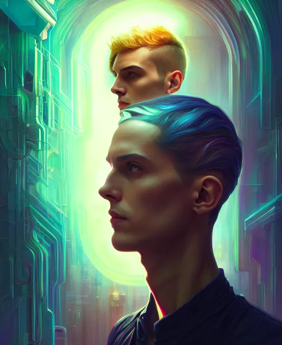 Image similar to a whirlwind inside the metaverse, guy, male, man, hologram, half body, neurochip, android, cyborg, cyberpunk face, by loish, d & d, fantasy, intricate, elegant, highly detailed, colorful, digital painting, artstation, concept art, art by artgerm and greg rutkowski and alphonse mucha