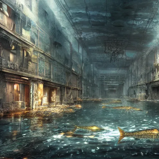 Prompt: An abandoned city under water, horror, liminal, hyper detailed, dramatic lighting, CGsociety, realistic, fish, hyper detailed, insane details, intricate, dramatic lighting, hypermaximalist, golden ratio, rule of thirds, octane render, weta digital, micro details, ultra wide angle, Artstation trending, 8k,