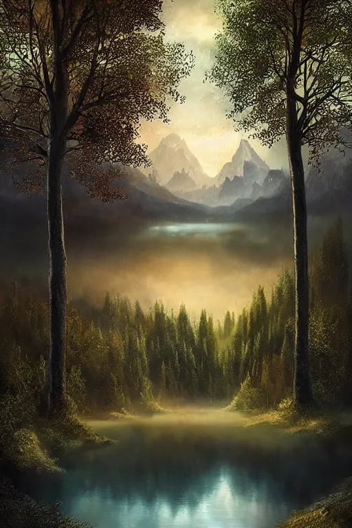 Image similar to beautiful matte painting style dark academia, street art fantasy path mountains and meadow in the background near a lake reflecting the trees, atmospheric lighting, painted, intricate, volumetric lighting, beautiful, rich deep colors masterpiece, sharp focus, ultra detailed by