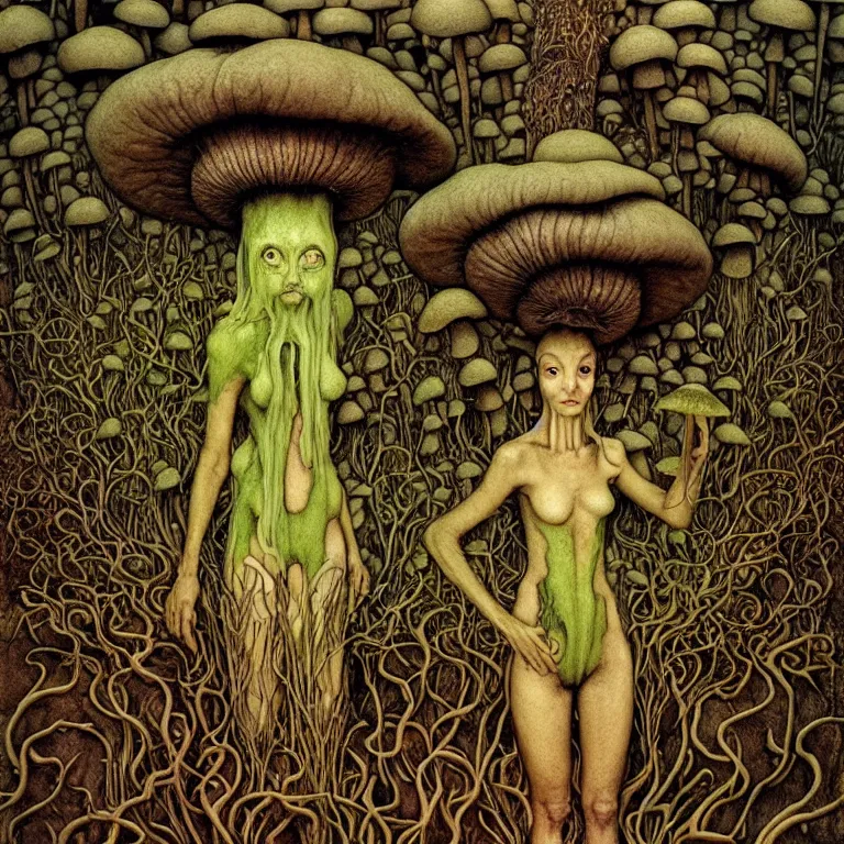 Image similar to A funguswoman stands among the mushroom hills. Lush mold. Wearing a fungus and mushroom. Perfect faces, symmetrical faces, symmetrical features, coherent faces, extremely high detailed, fine details, realistic, fantasy art, solo, masterpiece, art by Zdzisław Beksiński, Arthur Rackham, Dariusz Zawadzki, Edward Robert Hughes, Eugene de Blaas, Frederic Leighton