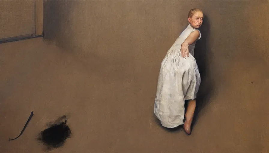 Image similar to painting by borremans, strange situation with a girl, detailed, stunning