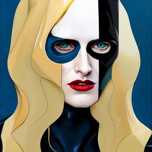 Image similar to Joshua Middleton artwork, stunning elegant female Eva Green, futuristic evil spy, domino mask, very evil sneer, symmetrical face, symmetrical eyes, leather clothing and boots, long straight golden hair, full body, Indigo occult pattern