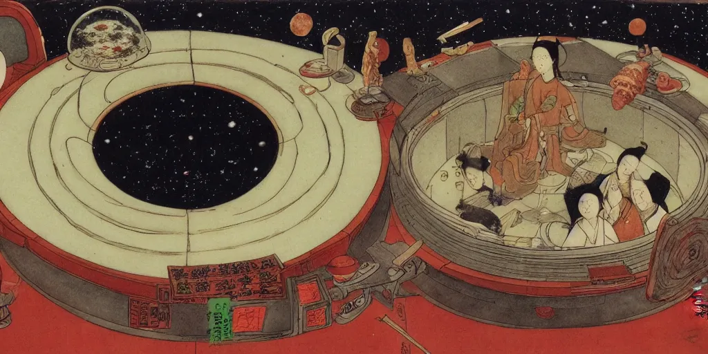 Image similar to Eating hot pot in the space station with Saturn outside the round window, in style of Tang Yin, Zhang Daqian, Yoshitomo Nara, surrealist