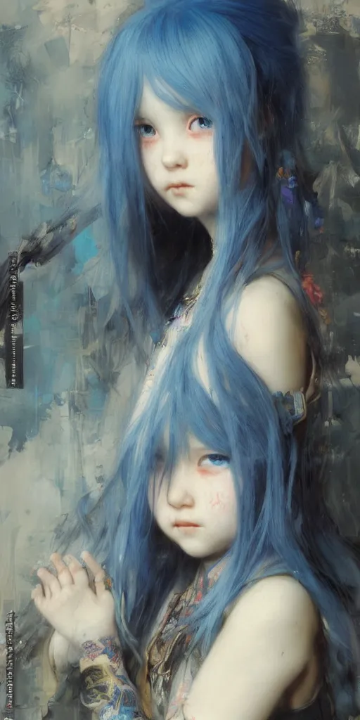 Image similar to little girl with blue hair. By Ruan Jia. Ayami Kojima. Masterpiece