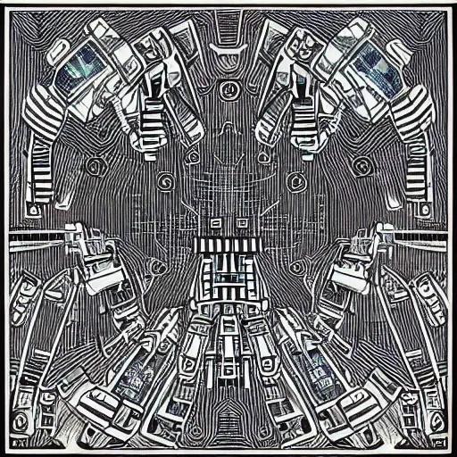 Prompt: “geometrically incomprehensible surreal order of robot factory, extremely high detail, photorealistic, intricate line drawings, dotart, album art in the style of James Jean”