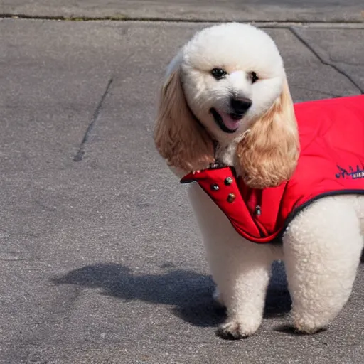 Image similar to a dog with duffle coat