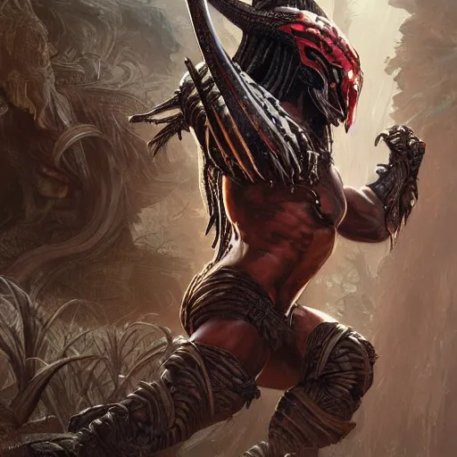 Image similar to The Predator, warrior scene, fantasy, intricate, elegant, highly detailed, digital painting, artstation, concept art, smooth, sharp focus, illustration, fine art by artgerm, greg rutkowski, alphonse mucha