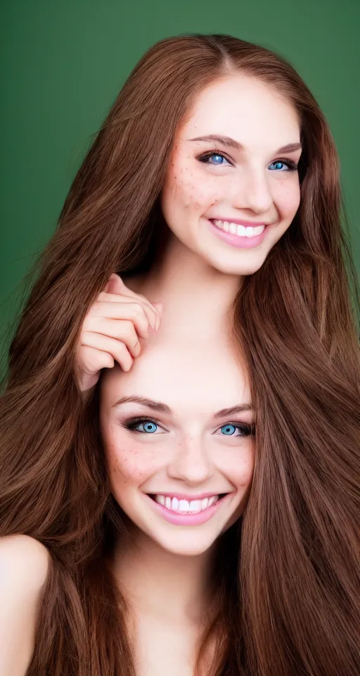 Image similar to A cute and beautiful young woman, long shiny bronze brown hair, green eyes, cute freckles, smug smile, studio lighting, studio background medium shot, mid-shot