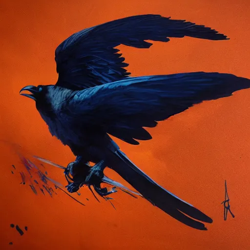 Prompt: indigo raven in flight with one skull in the background with a splash of deep orange greg rutkowski