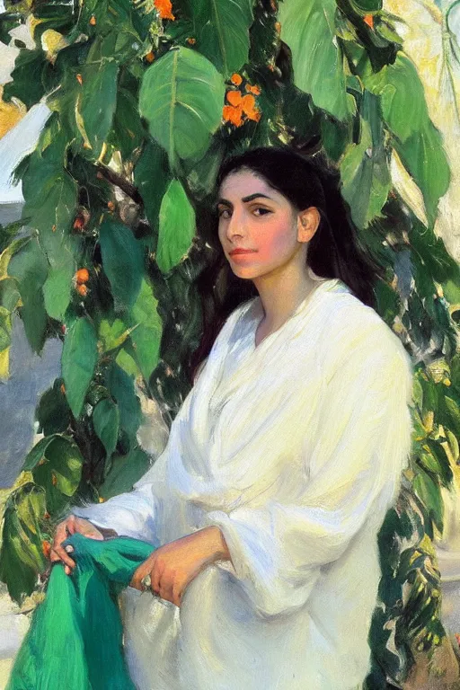 Image similar to portrait of persian girl with arabesque green scarf near bougainvillea and mexican fan palms, painting by john singer sargent