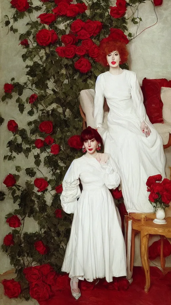 Image similar to portrait of julee cruise in white balloon sleeve dress beside a pot of red roses, a detailed persian curtain in back painted by john singer sargent
