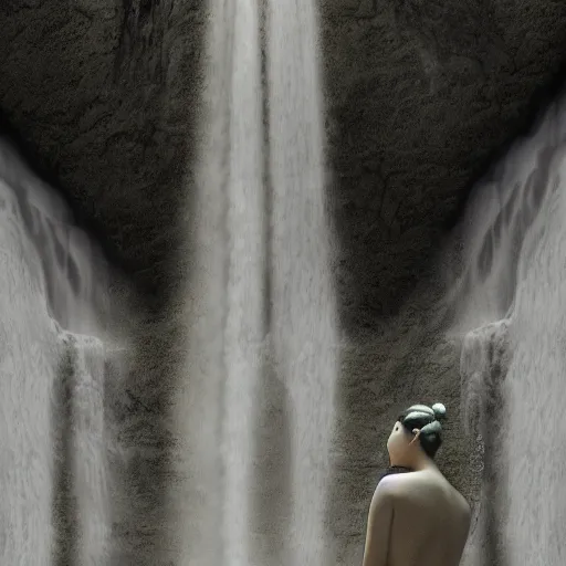 Prompt: Portrait of a 20 year old Japanese Female Woman Goddess of the Multiverse, captivating, rule of thirds, majestic, set on Original modern mural of a flowy thermal waters flowing down white travertine terraces, created by James Jean, octane render, mutiversal tsunami, visually stunning, cinematic, serene, beautiful, printed on reflective chrome canvas