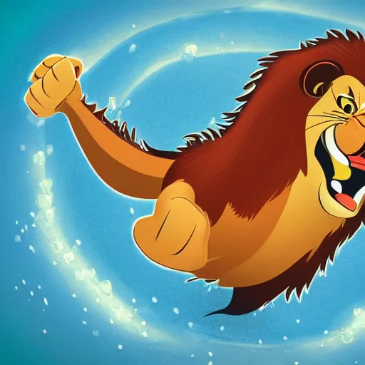 Prompt: disney style, angry horrifying attacking lion, pouncing, cinematic, terrifying,