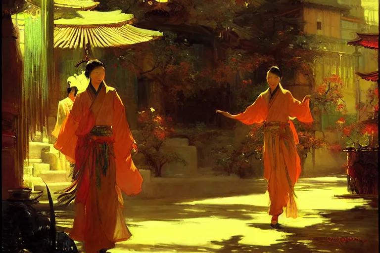 Image similar to wuxia, spring, neon light, painting by gaston bussiere, craig mullins, j. c. leyendecker