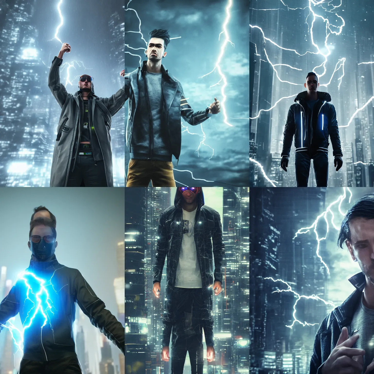 Prompt: man with lightning in his hands flying several meters above the ground with his arms crossed and with a long jacket, cyberpunk, realistic, high definition, many details, symmetrical face, realistic eyes, unreal engine art 5