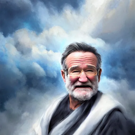 Image similar to robin williams is god, white beard, blue eyes, white robe, clouds, heaven, intricate, detailed, volumetric lighting, scenery, digital painting, highly detailed, artstation, sharp focus, illustration, concept art, ruan jia, steve mccurry