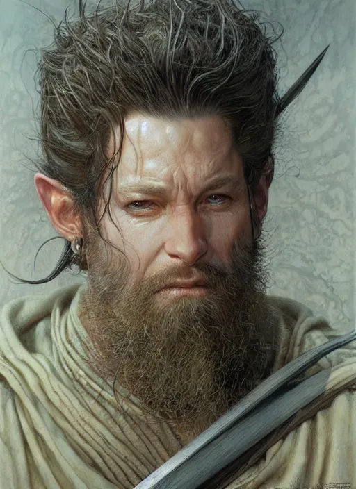 Image similar to a hyperrealistic and detailed paintbrush portrait of a male fantasy character, art by donato giancola and bayard wu and gustav moreau and wayne barlowe, rpg portrait, lotr