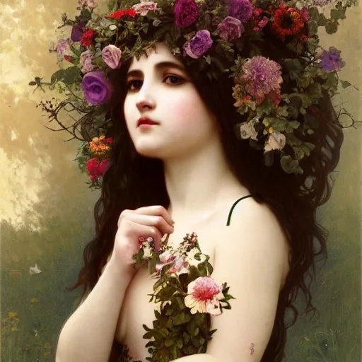 Image similar to goth girl wearing dress made out of various types of flowers, intricate, art by artgerm and greg rutkowski and alphonse mucha and william - adolphe bouguereau, high detailed, 4 k,