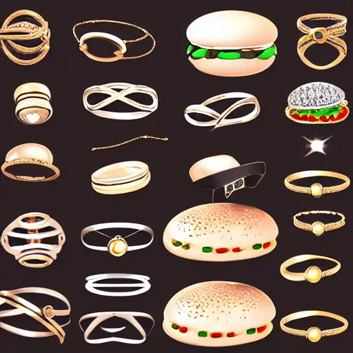 Image similar to fine jewelry hamburger designs. 4 k, product lighting, dramatic lighting, jewelry lighting, 8 k.