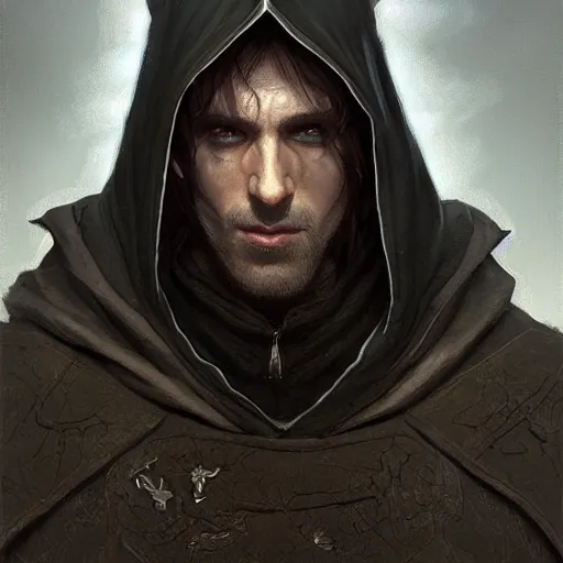 Prompt: portrait of a hooded half - elf middle aged man with black hair in a suburb, strong, angry, fantasy, highly detailed, digital painting, artstation, concept art, character art, art by greg rutkowski and tyler jacobson and alphonse mucha