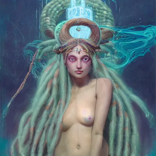 Image similar to birth of mami wata, sumerian goddess inanna ishtar, ashteroth, techno mystic goddess princess intergalactica, with aqua neon rapunzel dreadlocks, mami wata, detailed, by gaston bussiere, bayard wu, greg rutkowski, giger, maxim verehin, greg rutkowski, masterpiece, sharp focus,