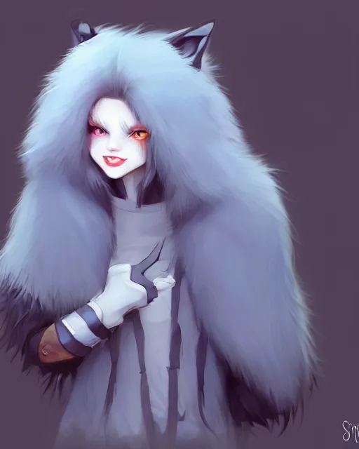 Prompt: character concept art of a dark gray anthropomorphic furry wolf with long red hair blue eyes | | cute - fine - face, pretty face, key visual, realistic shaded perfect face, fine details by stanley artgerm lau, wlop, rossdraws, james jean, andrei riabovitchev, marc simonetti, and sakimichan, artstation