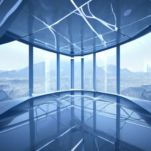 Prompt: Simplistic 3D Rendering of a Futuristic hall with tall windows overlooking a scifi city and mountains. a big planet in the sky, photorealistic, white and blue