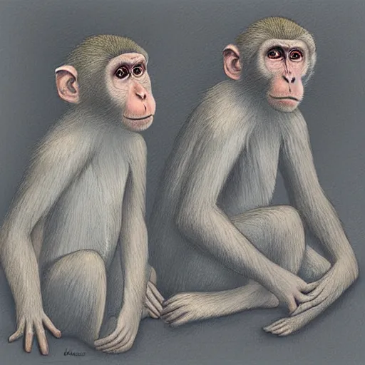 Image similar to two macaques looking at each other inside ancient cave, digital art, soft shadows, creepy art