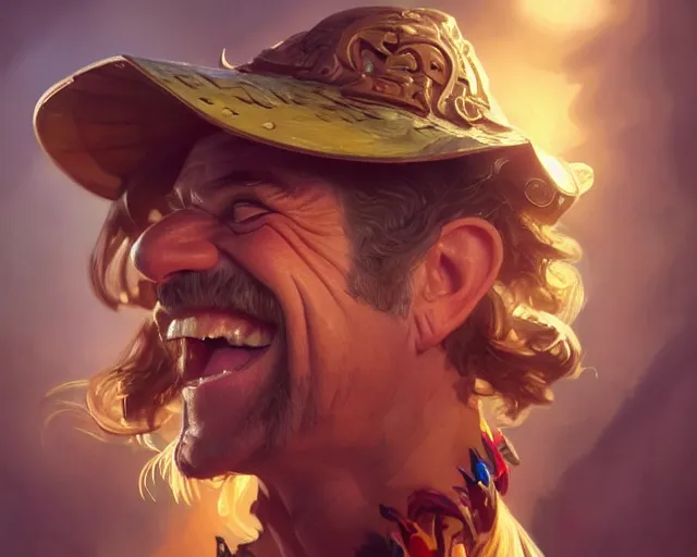 Image similar to mel gibson laughing out loudy, photography of kurzgesagt, deep focus, d & d, fantasy, intricate, elegant, highly detailed, digital painting, artstation, concept art, matte, sharp focus, illustration, hearthstone, art by artgerm and greg rutkowski and alphonse mucha