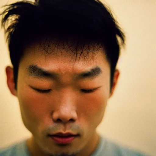 Prompt: Closeup of a young handsome asian man crying, sad, soft lighting, captured in low light, sharp focus, detailed, cinestill 800t