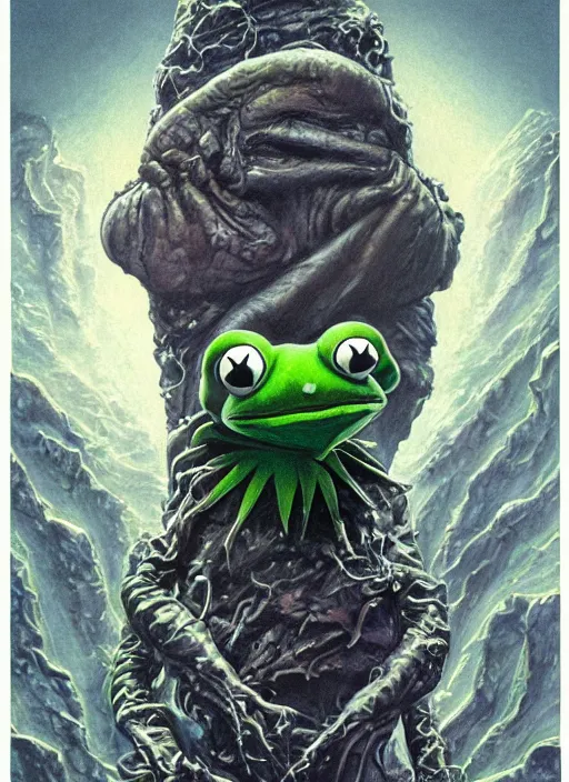 Image similar to portrait of Evil and screaming Kermit the frog in The Thing (1982) highly detailed, centered, solid color background, digital painting, artstation, concept art, smooth, sharp focus, illustration, artgerm, donato giancola, Joseph Christian Leyendecker, Les Edwards, Ed Repka, WLOP, Artgerm